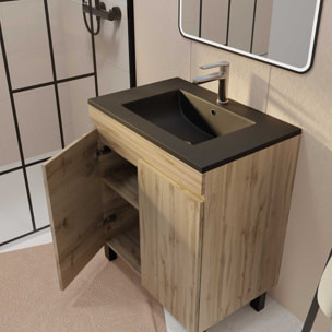 Meuble de salle de bains 70cm TIMBER Décor Chêne Naturel à Portes Vasque Noire et Miroir LED 70x50