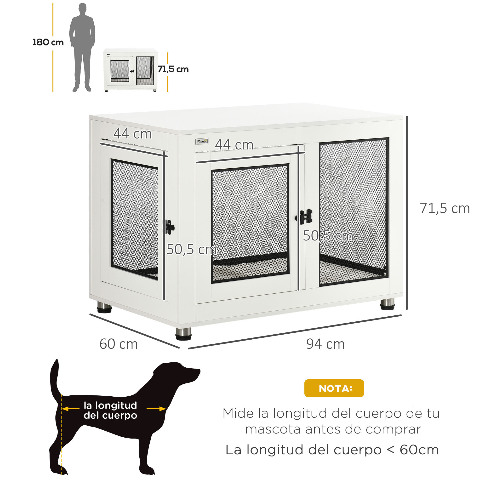 Jaula para Perros de Madera Superficie Mesa de Centro 94x60x71,5cm con 2 Puertas