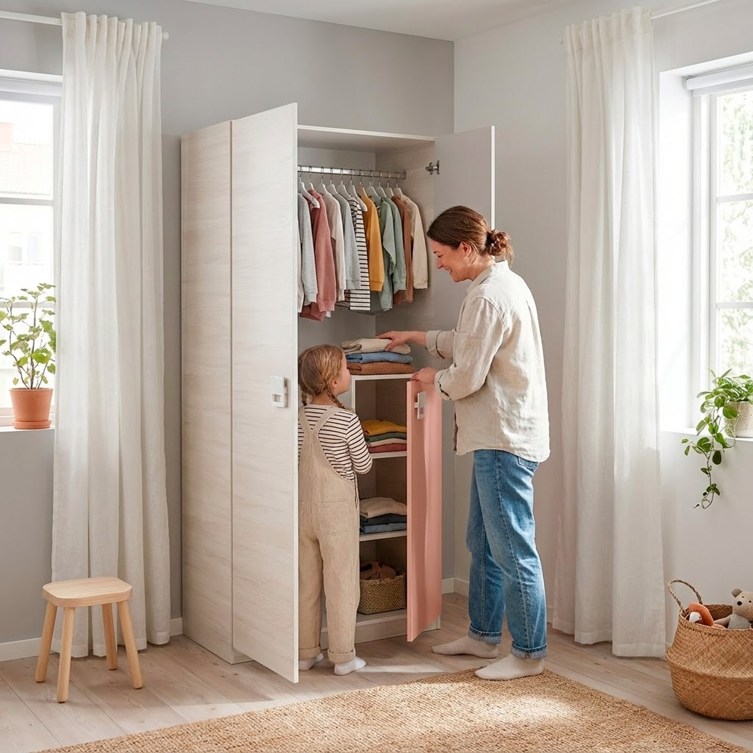 Armadio Giovanile A 3 Ante Armadietto Per Cameretta Ragazzi Con Barra Appendiabiti E 3 Ripiani Mobile Camera 200x52x90 Cm Bianco Alpi, Grigio E Rosa