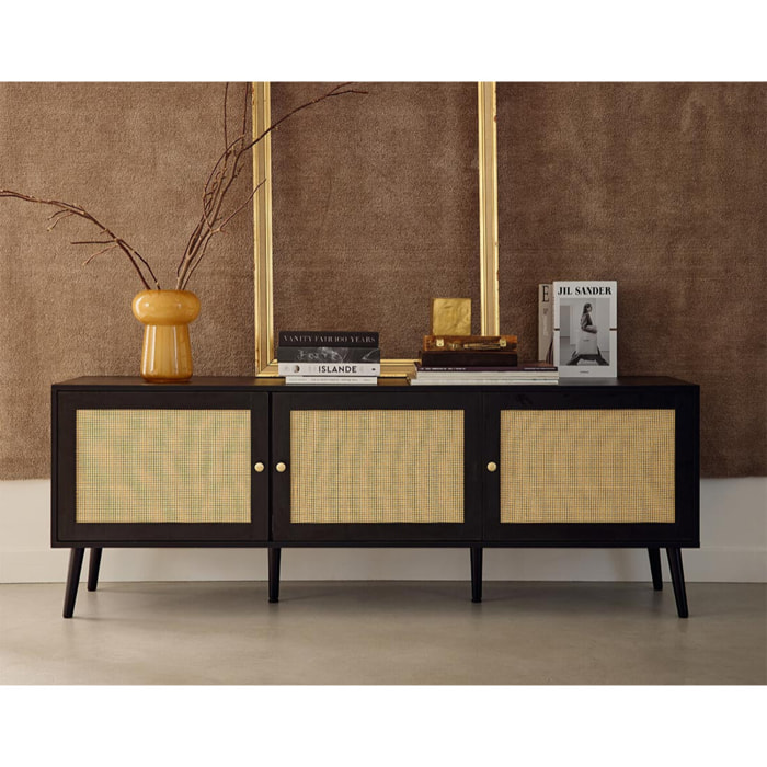 Goto - meuble tv - noir et cannage - 3 portes - 167 cm - Noir