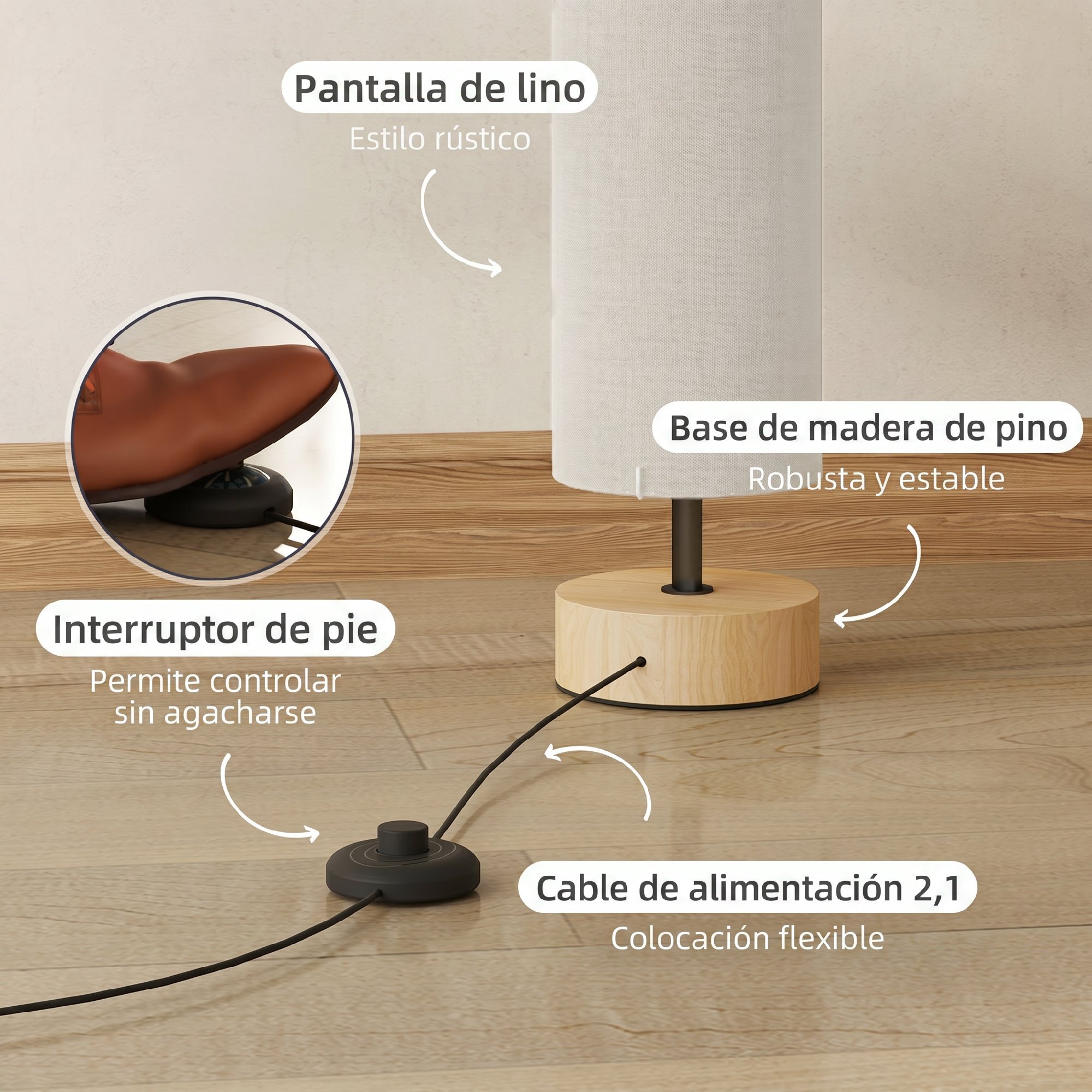 Lámpara de Pie Moderna Lámpara de Salón con Casquillo Máx. 40 W E27 Pantalla de Lino y Marco de Metal para Dormitorio Ø15x120 cm Beige