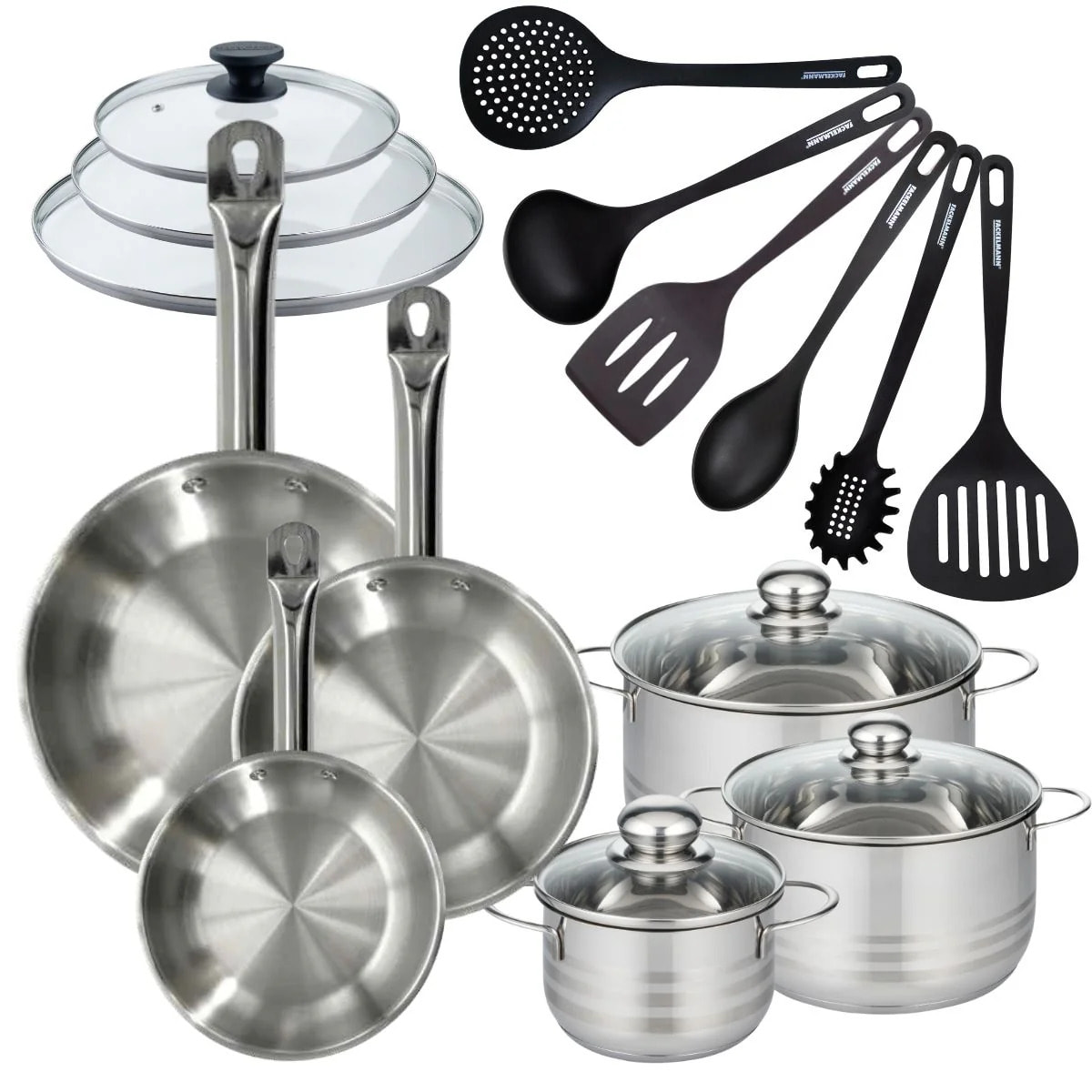 Set 3 poêles 20 24 28 cm en inox, 3 couvercles verre, 3 faitouts inox 16, 20 et 24 cm et 6 ustensiles RPET Fackelmann Eterna