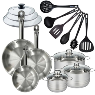 Set 3 poêles 20 24 28 cm en inox, 3 couvercles verre, 3 faitouts inox 16, 20 et 24 cm et 6 ustensiles RPET Fackelmann Eterna