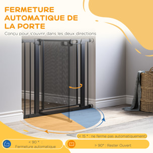 Barrière de sécurité animaux - longueur réglable dim. 75-103 cm - porte double verrouillage, ouverture double sens -sans perçage - acier ABS noir