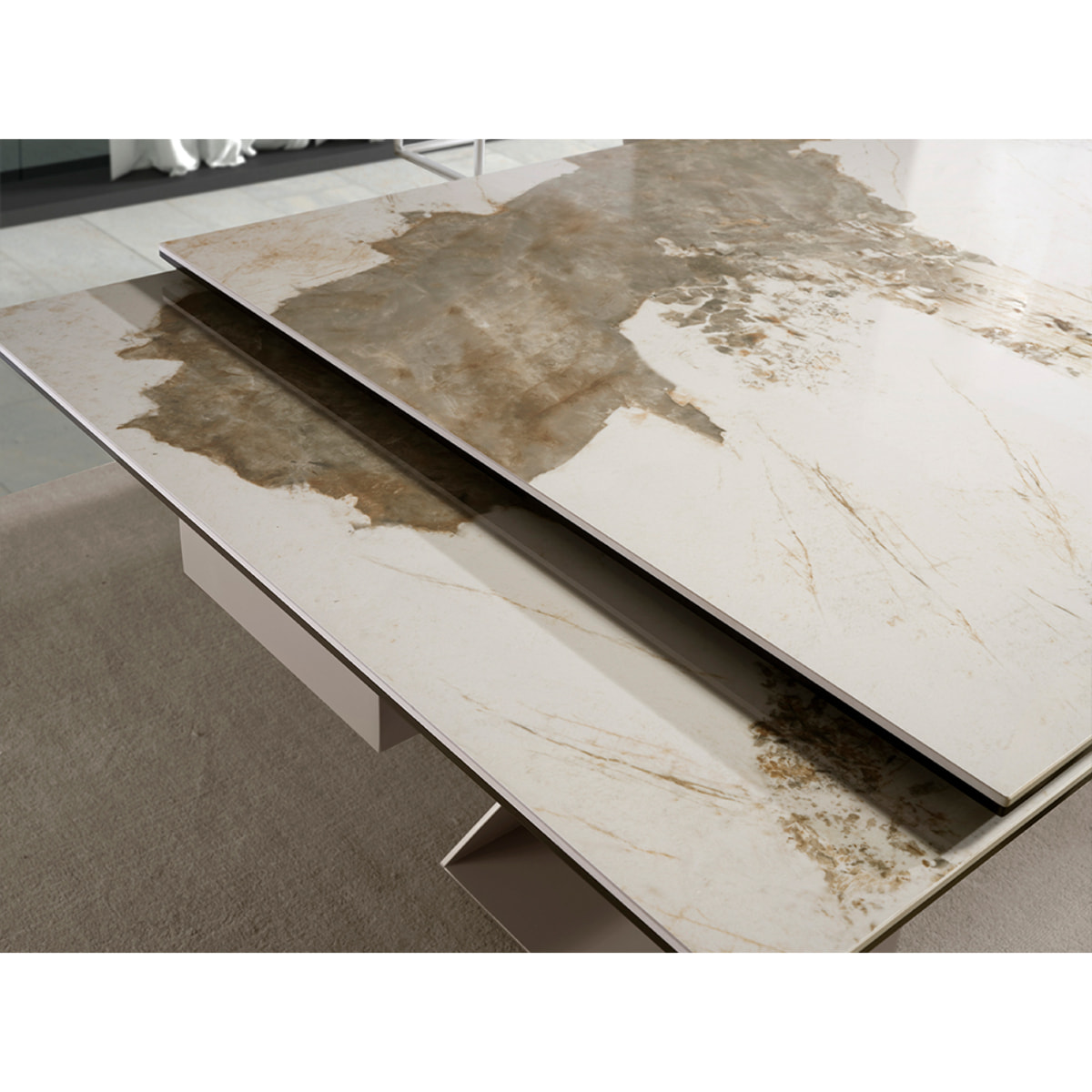 Mesa comedor extensible rectangular con tapa de mármol porcelánico blanco con vetas en tonos tierra en brillo 160x90x76cm