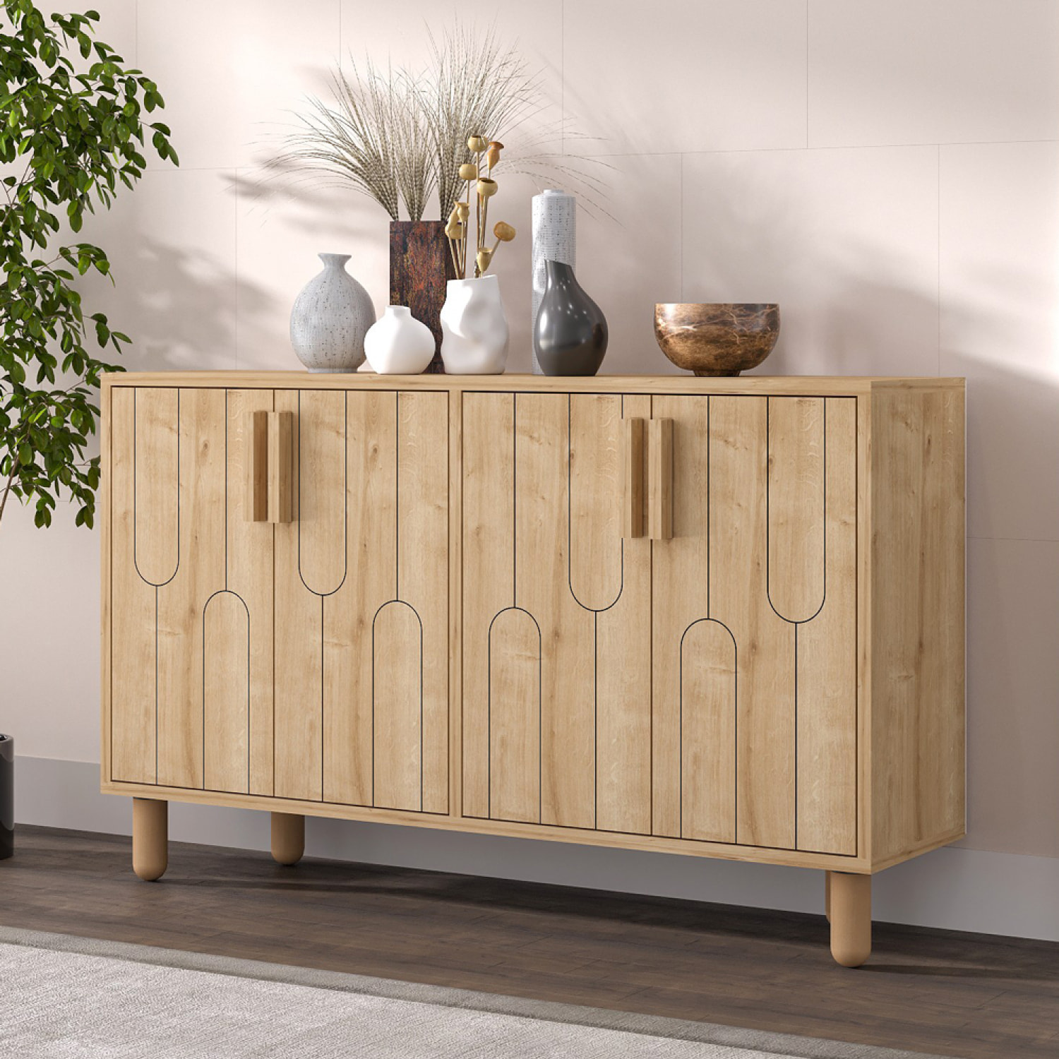 CIRACUSE Buffet 4 portes aspect bois design graphique120x73cm