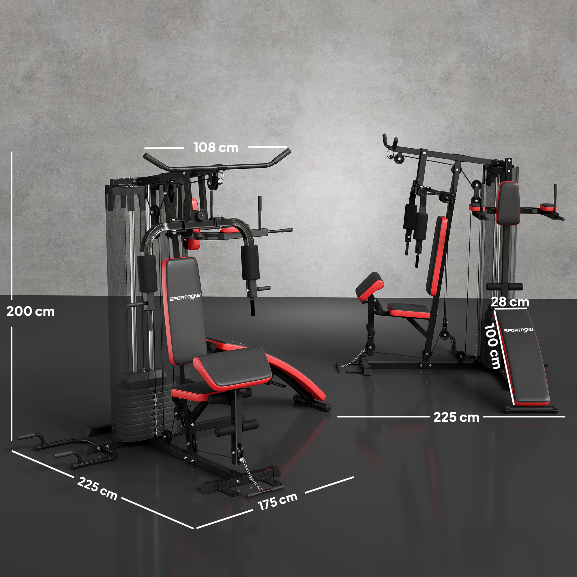 Station de musculation - banc, développé couché, butterfly, barre latissimus et traction, curler, bande résistance, 10 contrepoids - acier noir rouge