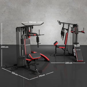 Station de musculation - banc, développé couché, butterfly, barre latissimus et traction, curler, bande résistance, 10 contrepoids - acier noir rouge