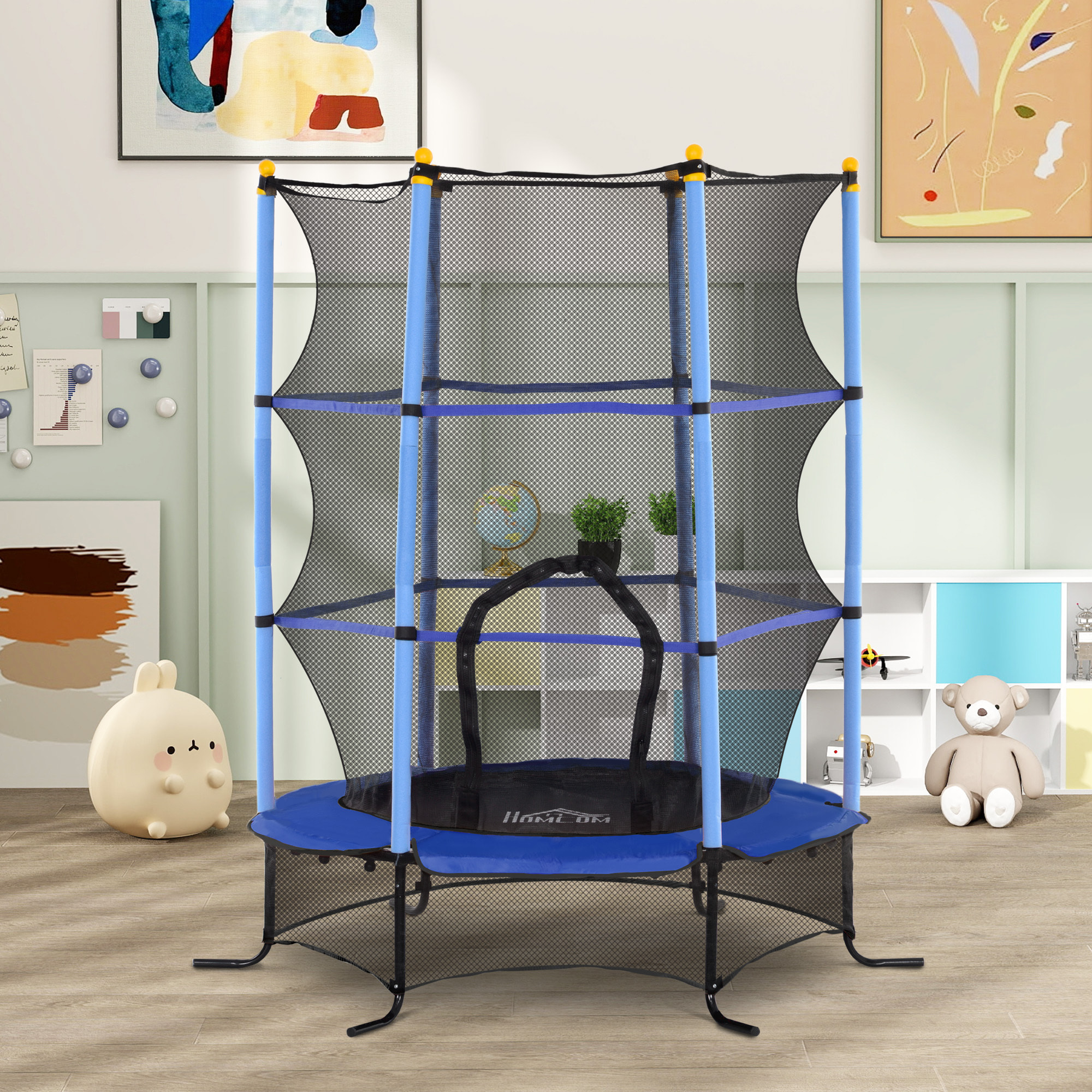 Trampoline de jardin enfants Ø 1,63 x 1,90H m filet de sécurité porte zipée couvre-ressorts + 6 poteaux rembourrés inclus bleu