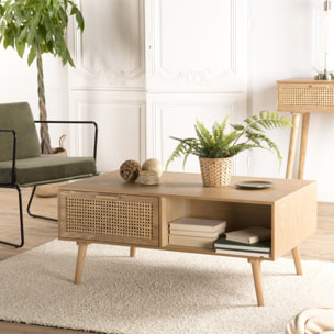 RODRIGO - Table basse couleur naturelle 2 tiroirs 1 niche bois cannage