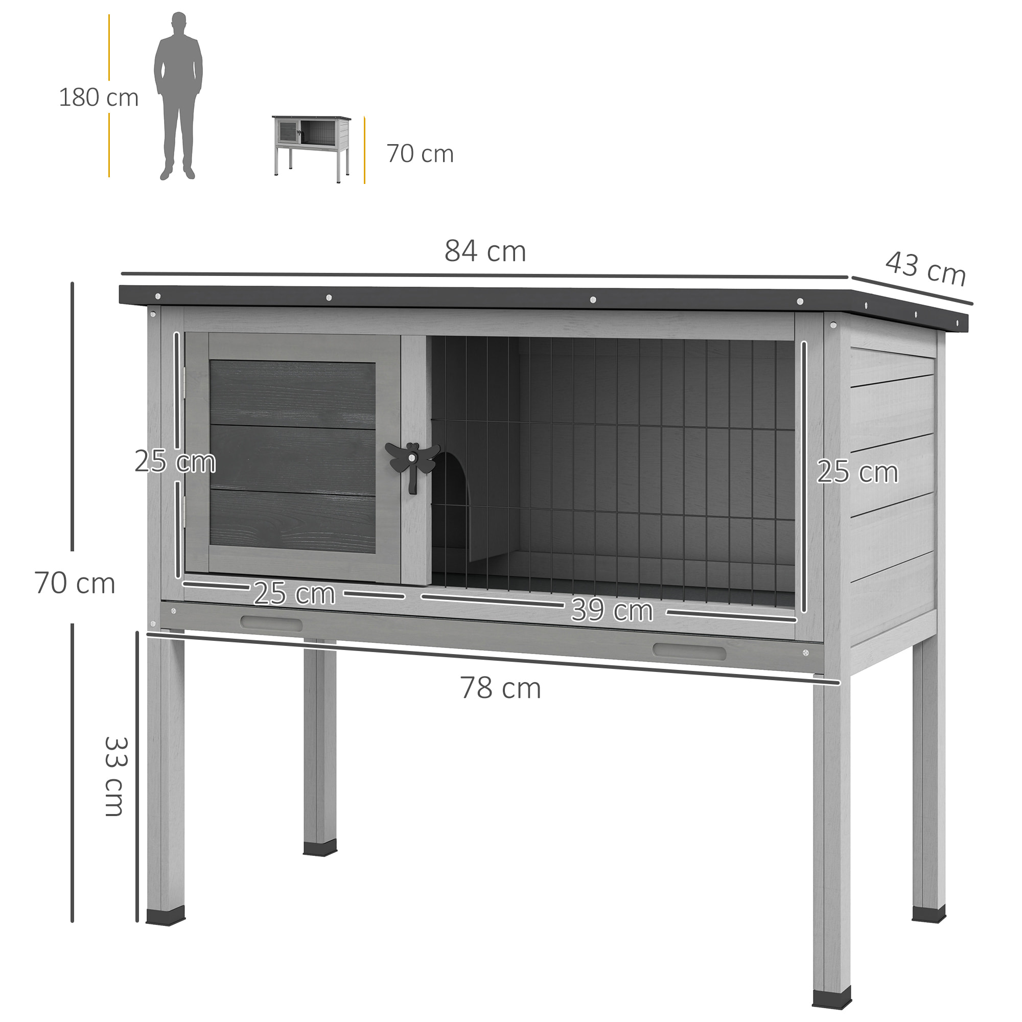 Conejera de Madera Caseta Exterior Refugio para Mascotas Pequeñas Conejos Cobayas con Bandeja Extraíble y Techo Asfáltico 84x43x70 cm Gris y Negro