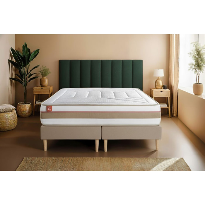 Ensemble Matelas Le Tendre - 28cm - Ressorts ensachés et mémoire de forme - Enveloppant - Sommier Tapissier Beige