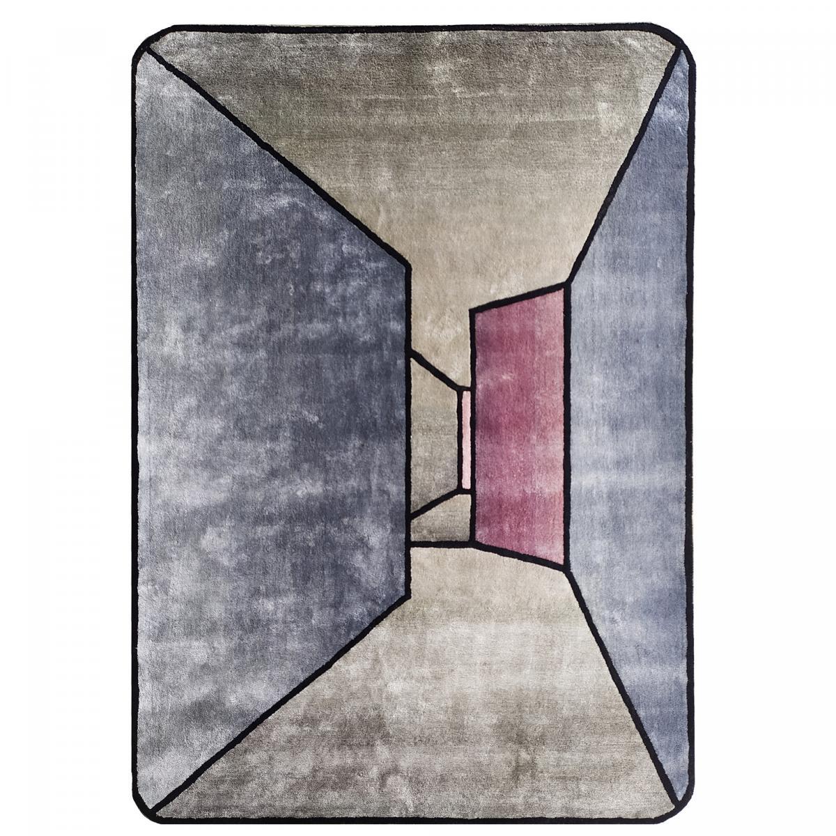 Tapis tufté main en laine et viscose, motif géométrique, tapis de haute qualité