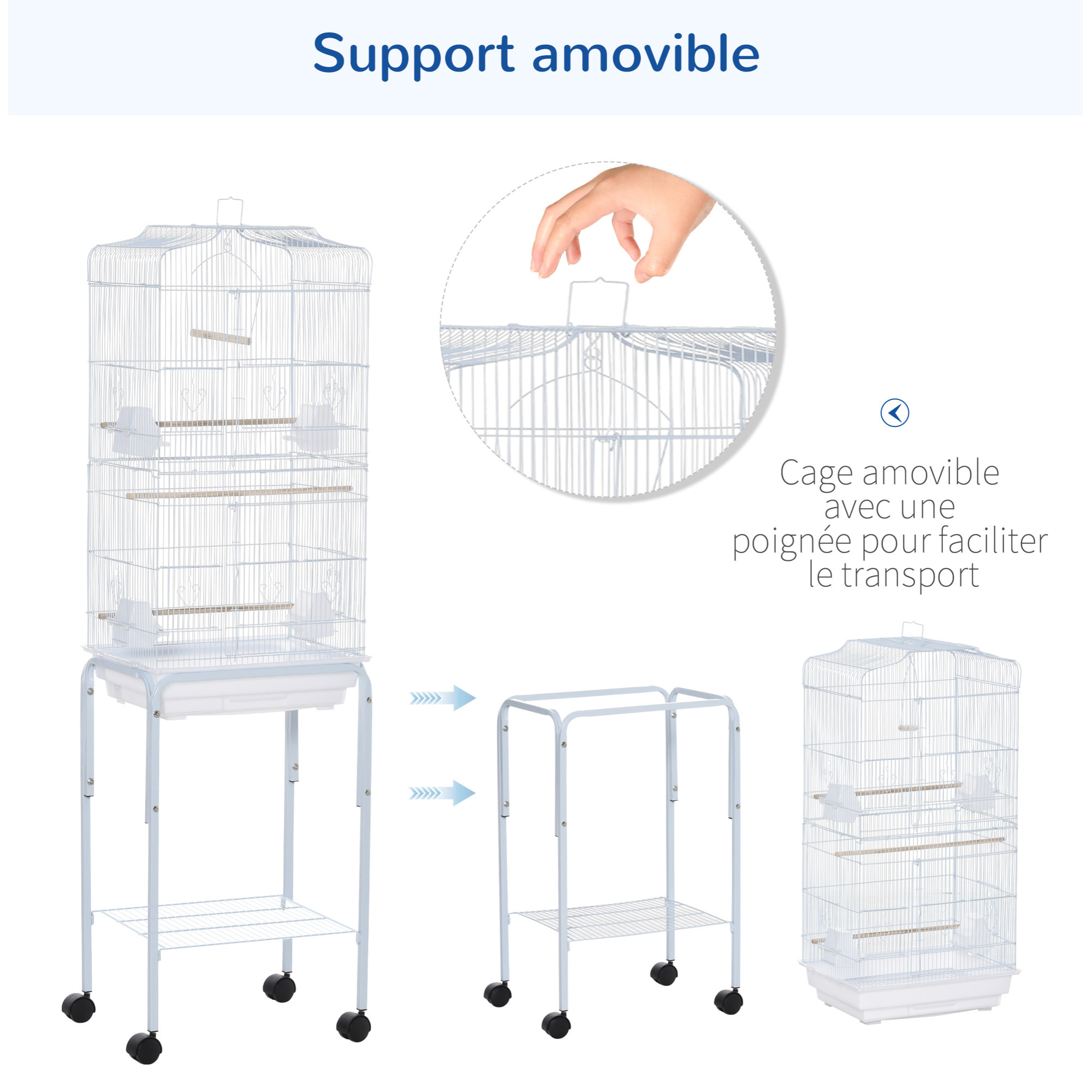 PawHut Cage à oiseaux sur pied volière oiseaux sur roulettes avec toit ouvrant 3 perchoirs étagère inférieure 46,5 x 36 x 157 cm