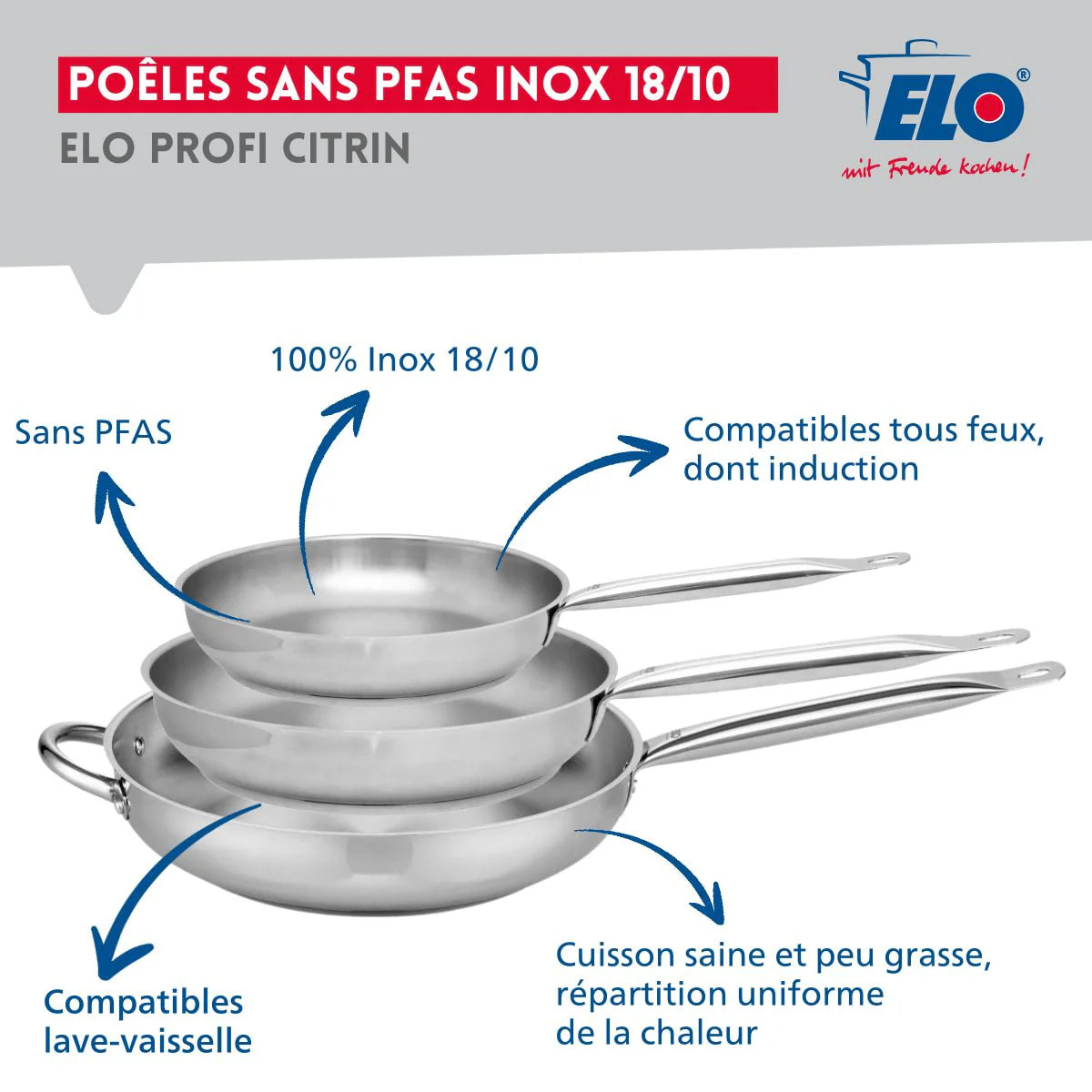 Ensemble de 3 Poêles de cuisson 24, 28 et 32 cm et 2 faitouts 12 et 24 cm Elo Profi Brillant