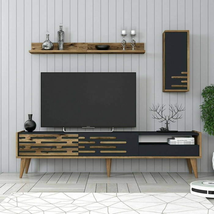 Mobile porta TV Upana, Credenza da soggiorno, Armadio basso per TV, Base parete attrezzata, 180x45h35 cm, Antracite e Noce
