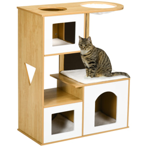 Árbol Rascador para Gatos Altura 92,5 cm Torre para Gatos con 3 Casetas de Madera Cojines Lavables Tabla de Rascador y Hamaca 76x37x92,5 cm Roble