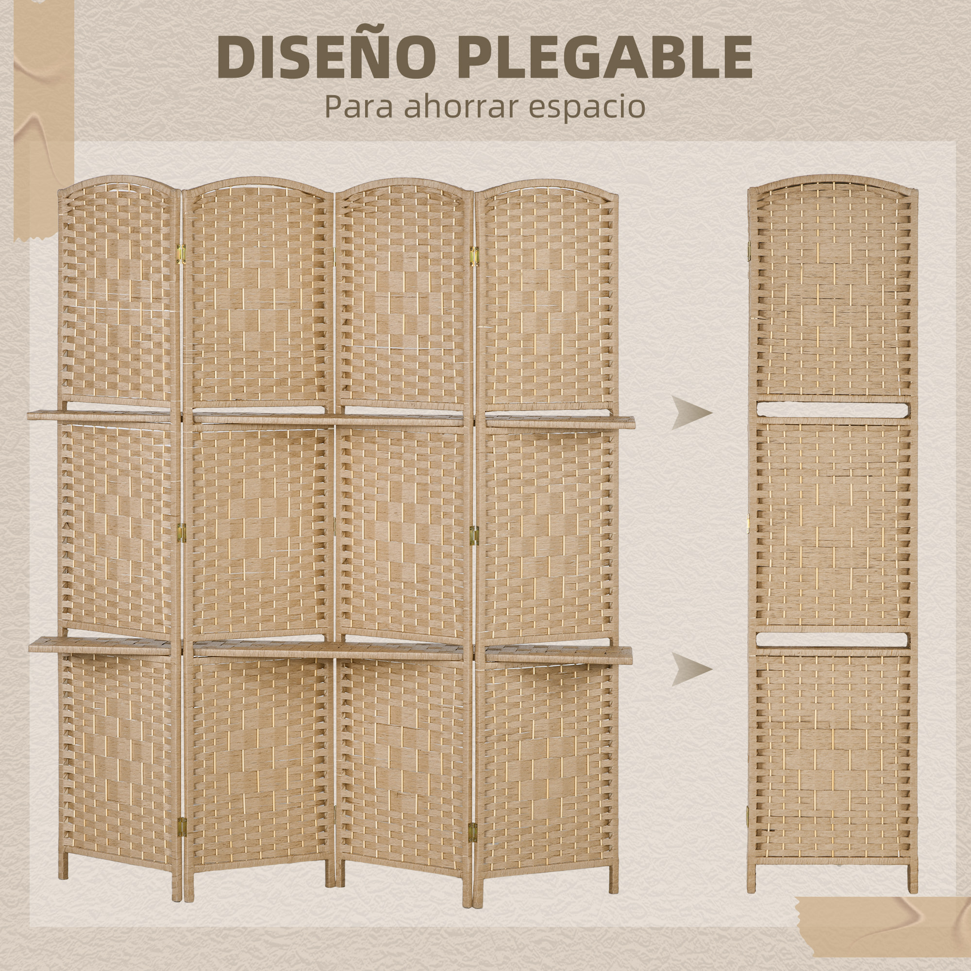 Biombo Separador de Ambientes de 4 Paneles 160x170 cm con 2 Estantes de Exhibición Pantalla de Privacidad Plegable Divisor para Oficina Dormitorio Natural