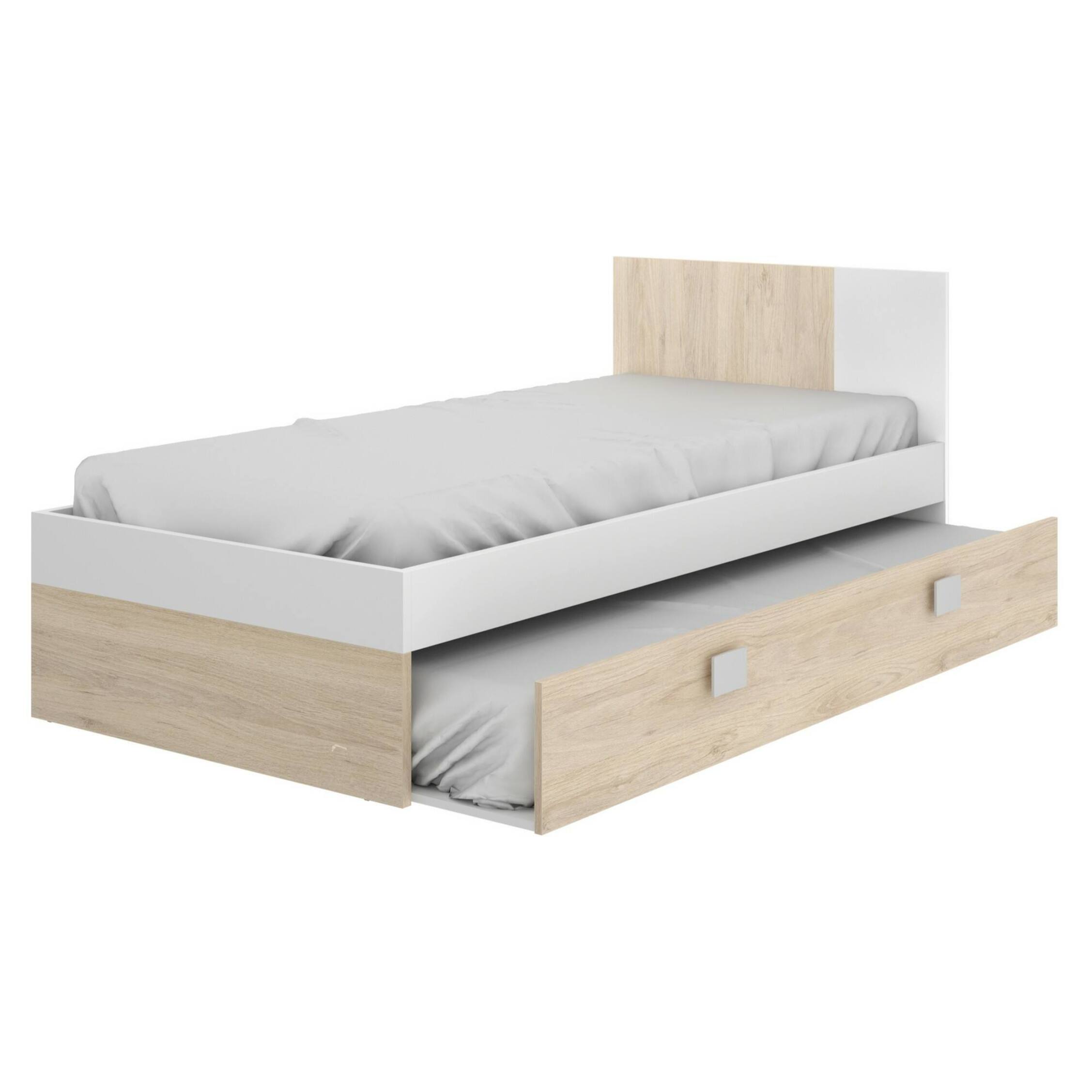 Letto per bambini Duranno, Struttura con secondo lettino estraibile, Letto singolo per cameretta, 196x97h79 cm, Bianco e Rovere