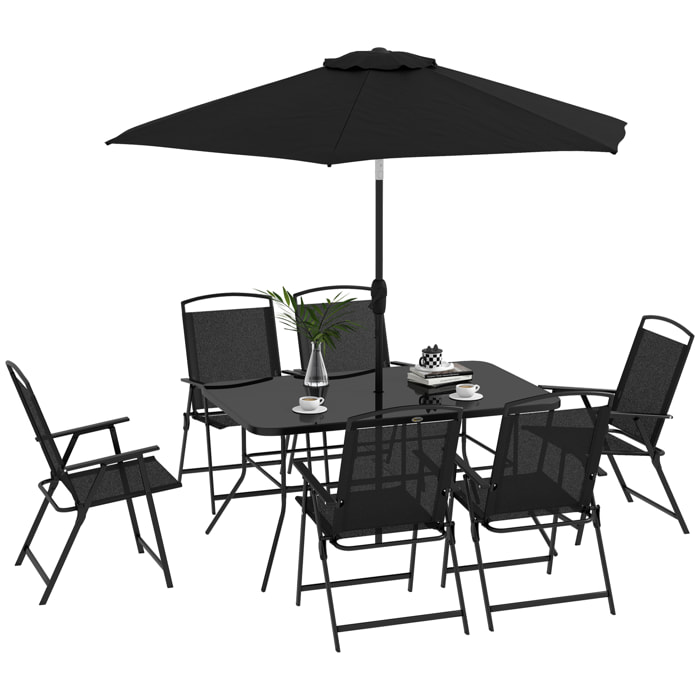 Conjunto de Muebles de Jardín 8 Piezas Juego de Comedor de Jardín con 6 Sillas Plegables Mesa de Comedor de Vidrio y Sombrilla Inclinable para Terraza Patio Negro