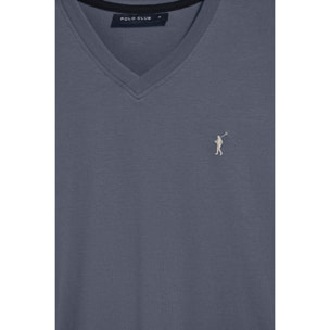 Camiseta azul denim con cuello de pico y logo bordado Rigby Go