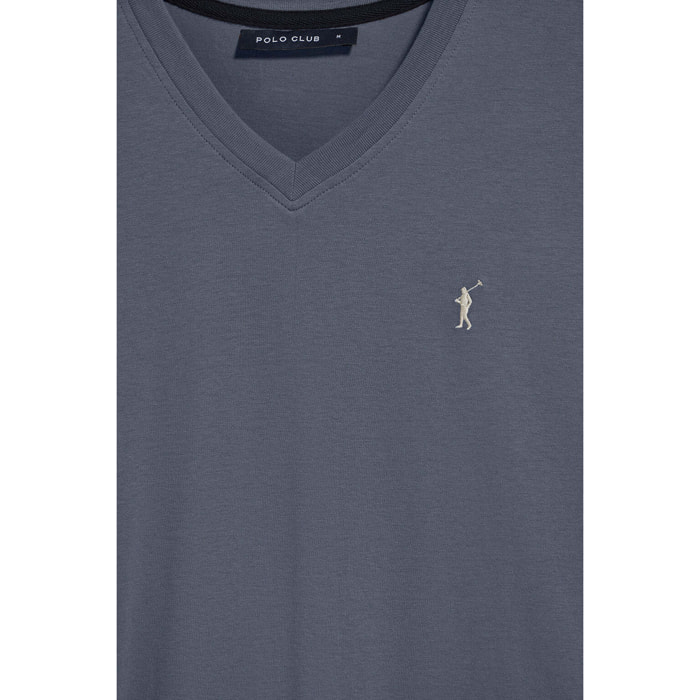 Camiseta azul denim con cuello de pico y logo bordado Rigby Go