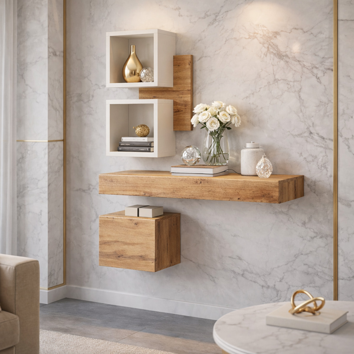 Mobile Ingresso Moderno Con Pensili A Giorno Mensole Sospese Con Cassetto E Anta Salvaspazio Design Nordico 100 x 170 x 30 Cm Bianco E Rovere