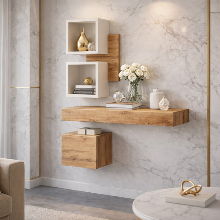 Mobile Ingresso Moderno Con Pensili A Giorno Mensole Sospese Con Cassetto E Anta Salvaspazio Design Nordico 100 x 170 x 30 Cm Bianco E Rovere