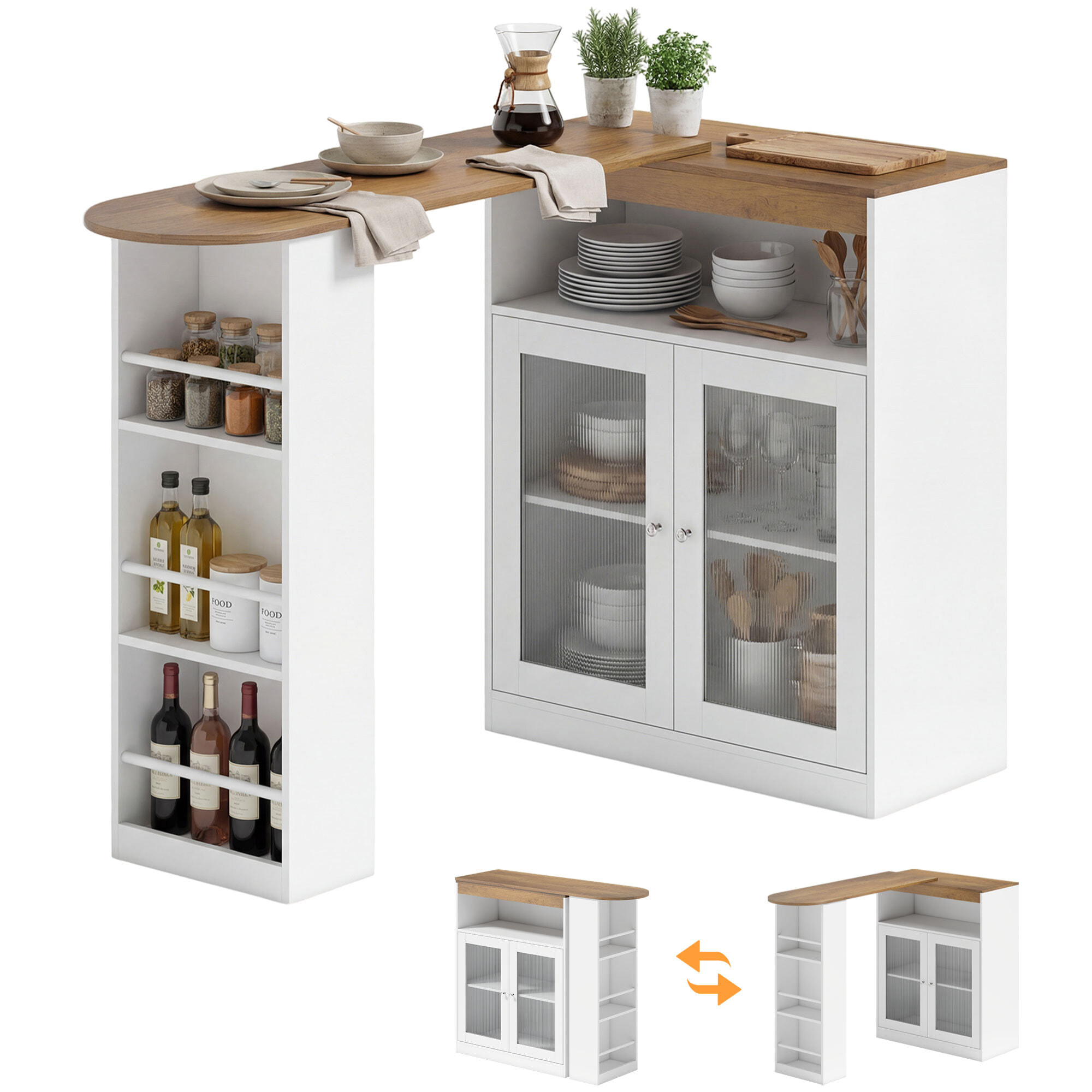 Mesa de Bar Extensible y Giratoria 90°, Mesa Alta Cocina con Estantes Abiertos y 2 Puertas de Vidrio para Comedor, 150x80x105,5 cm, Blanco y Natural