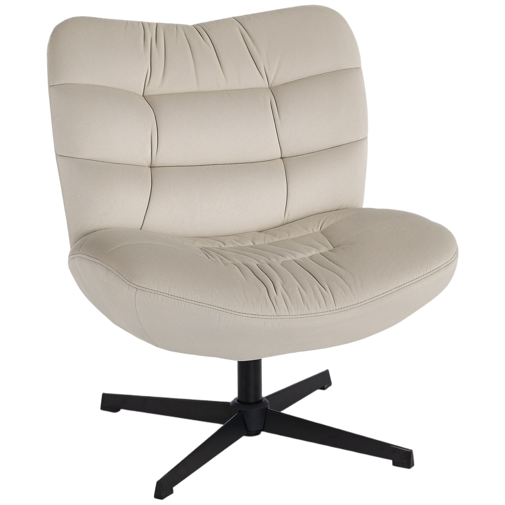 Fauteuil lounge effet matelassé grand confort pivotant piètement acier croisé noir tissu chenille grège