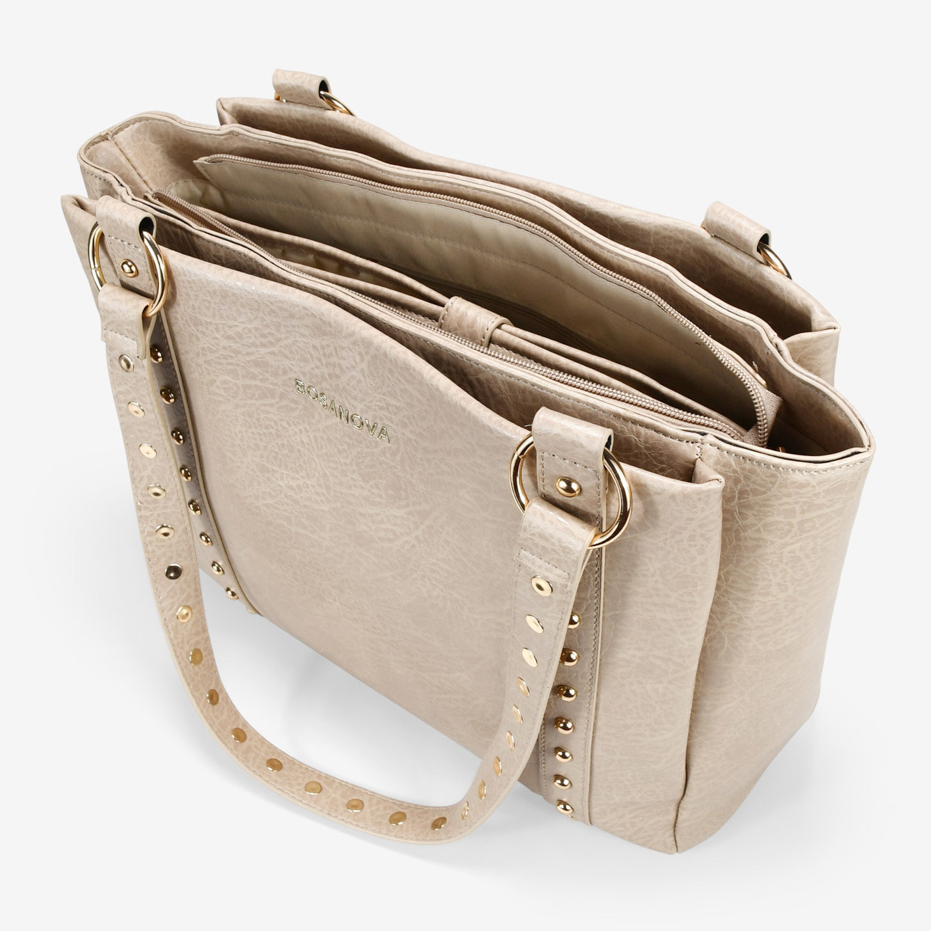 Bolso shopper beige para portátil con tachuelas