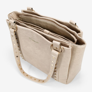 Bolso shopper beige para portátil con tachuelas