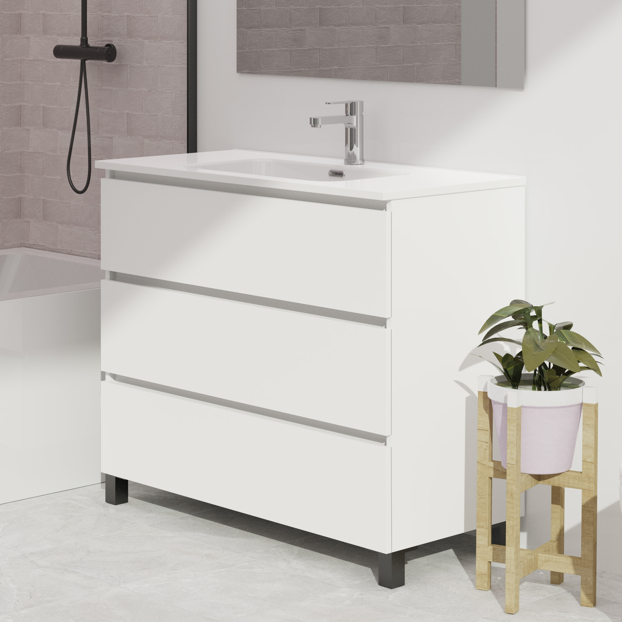 Ensemble De Salle De Bain Wink | 100 Cm Blanc Mat | 3 Tiroirs | Vasque Ceramique | N'Inclut Pas Miroir | Mueble Montado | Alday