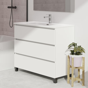 Ensemble De Salle De Bain Wink | 100 Cm Blanc Mat | 3 Tiroirs | Vasque Ceramique | N'Inclut Pas Miroir | Mueble Montado | Alday