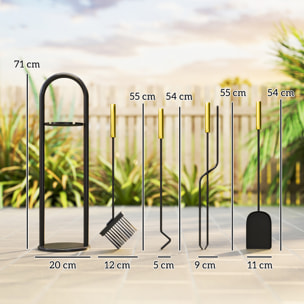 Juego Utensilios Chimenea de 5 Piezas, Juego de Accesorios para Chimenea de Metal con Escoba, Pala, 1 Par de Tenazas, Atizador y Soporte, 20x20x71 cm, Negro y Dorado