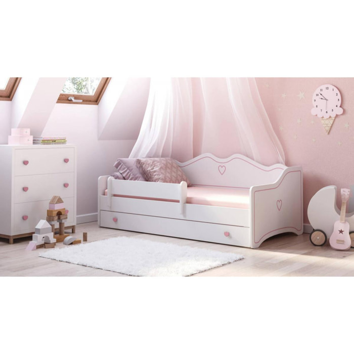 Letto singolo per bambini decorato, Lettino decorato con cassettone e protezione anticaduta per cameretta, cm 164x85h70, colore Bianco e Rosa