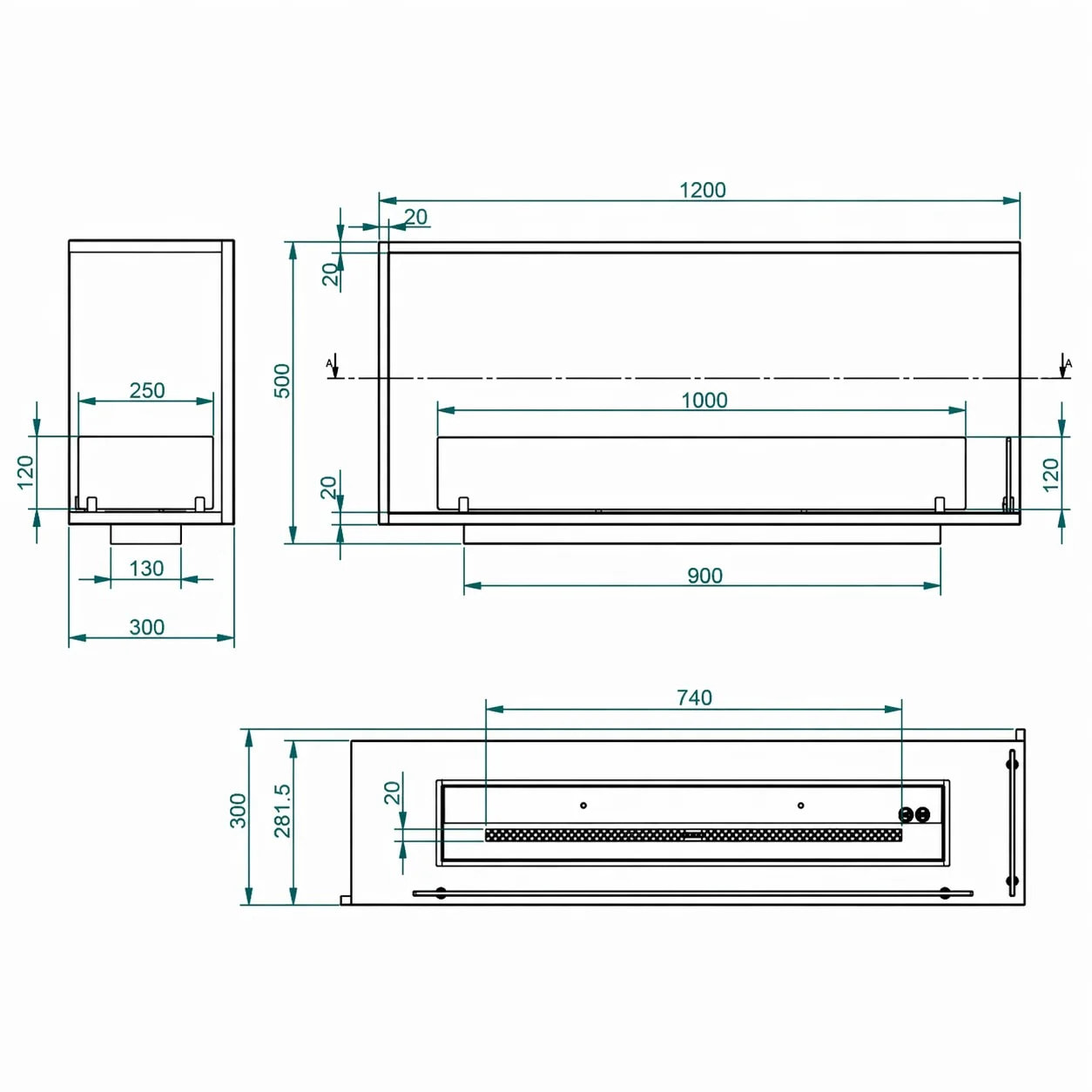 Urano 120 - Camino a Bioetanolo da Incasso Angolare Destro 120x50x30 cm con Bruciatore 3lt in Acciaio