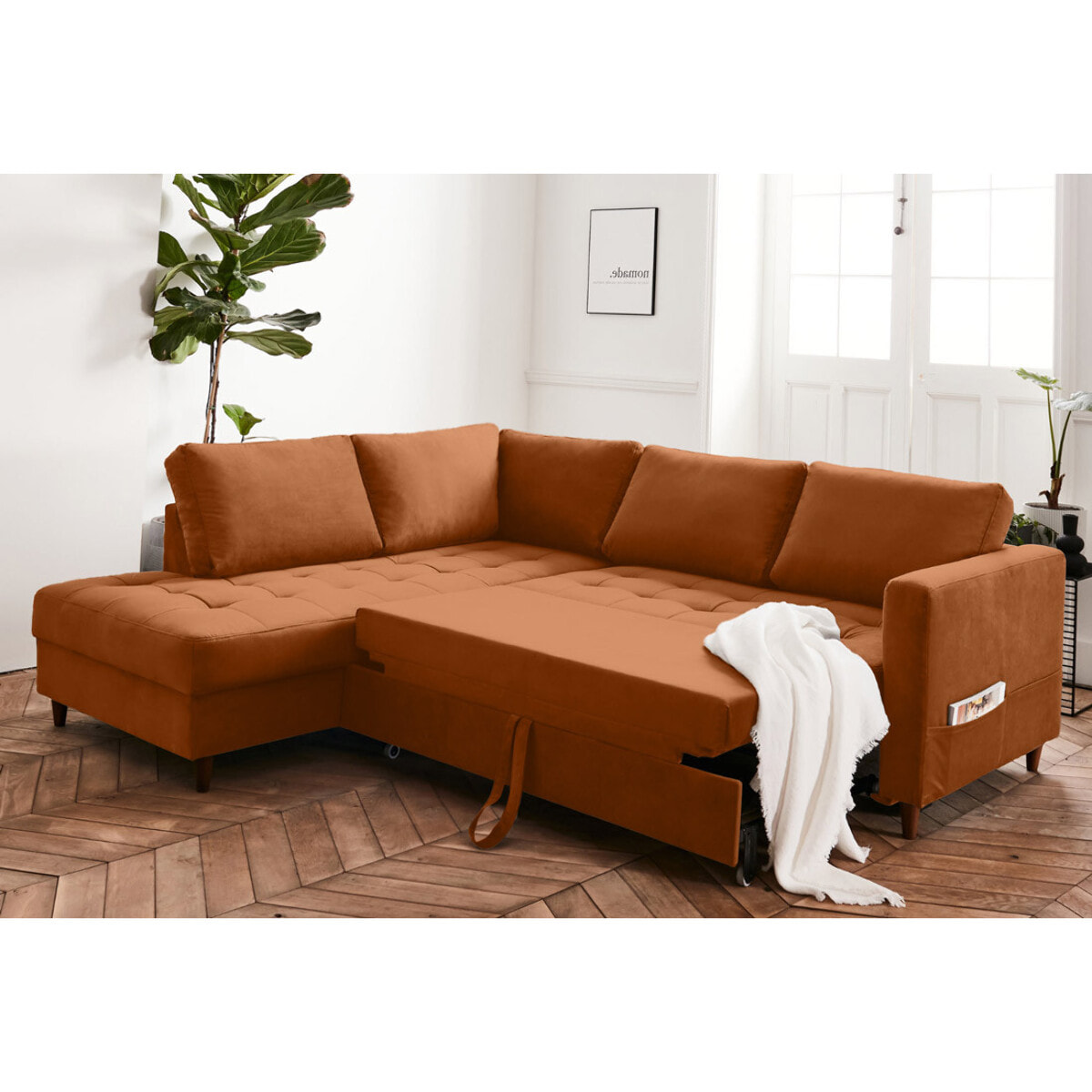Anna - canapé d'angle gauche - 5 places - convertible - en velours - Rouille