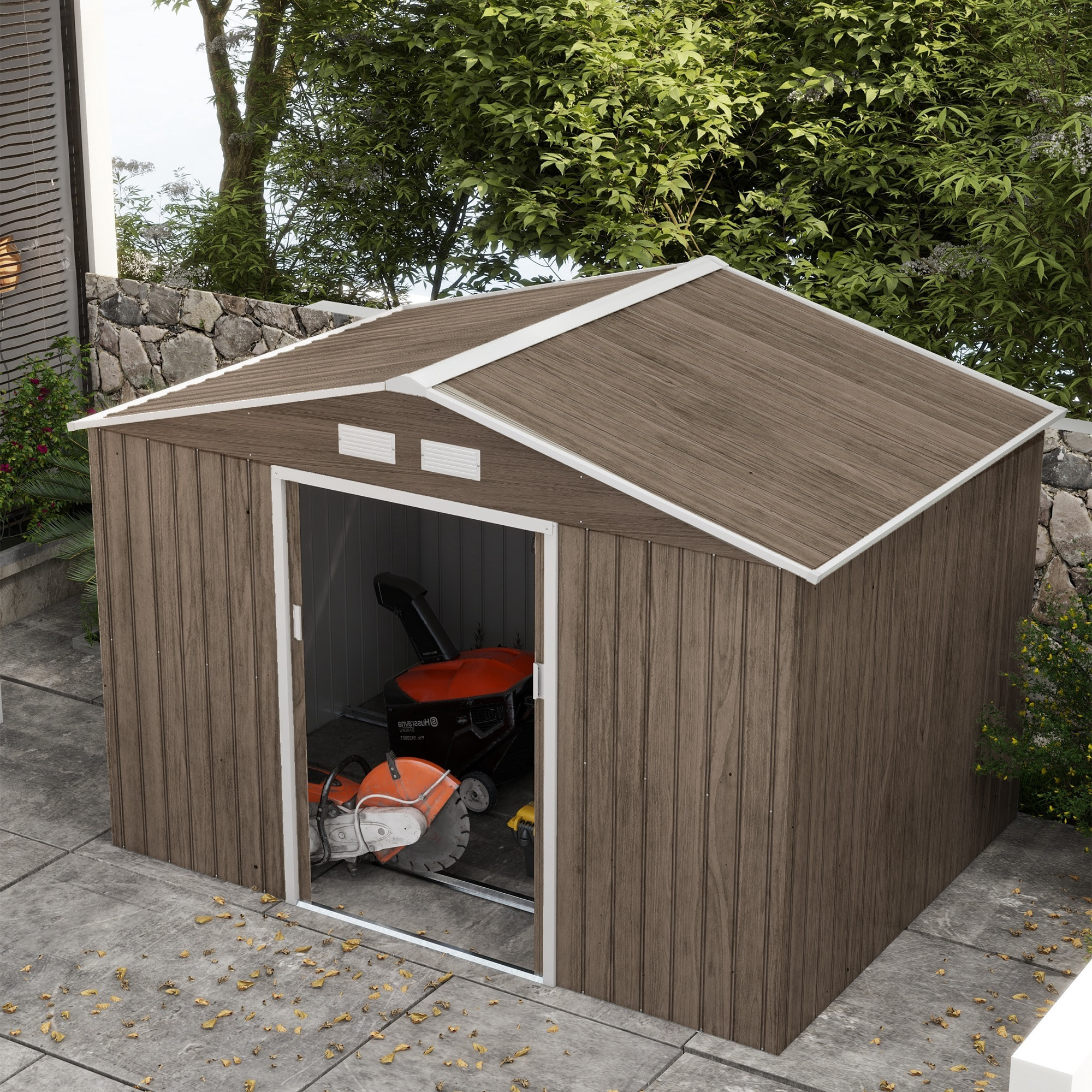 Abri de jardin - cabanon double porte coulissante, fondation incluse - 277 x 191 x 192 cm - tôle d'acier ondulée effet bois