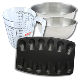 Set pâtisserie avec moule à 12 madeleines, 2 bols à mixer, verre mesureur et spatule Zenker
