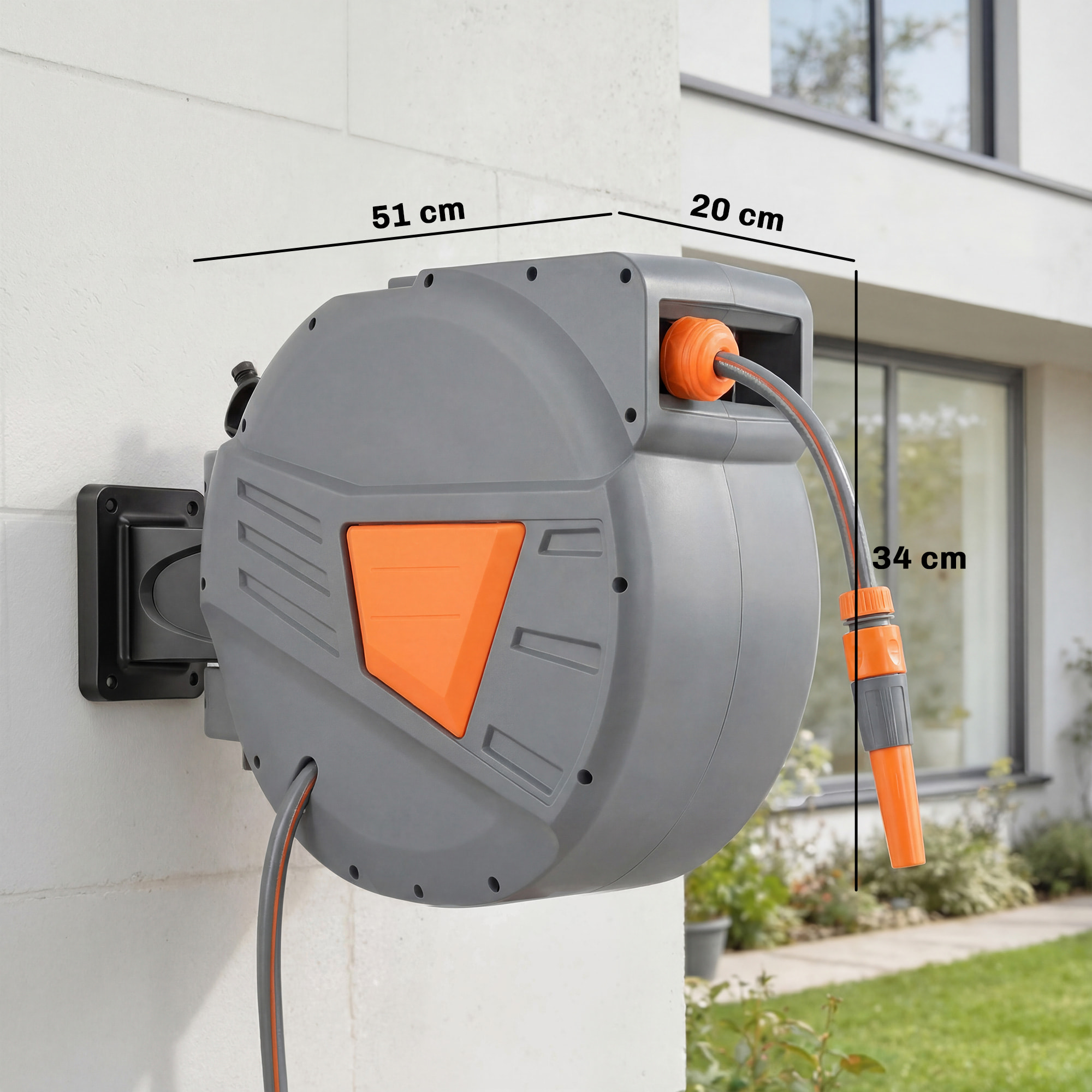 Enrollador de Manguera para Jardín 20+1,6 m con Boquilla de 2 Modos, Carrete de Manguera de Jardín de Pared con Bloqueo Automático y Retracción Controlada, Soporte Orientable 180°, Naranja