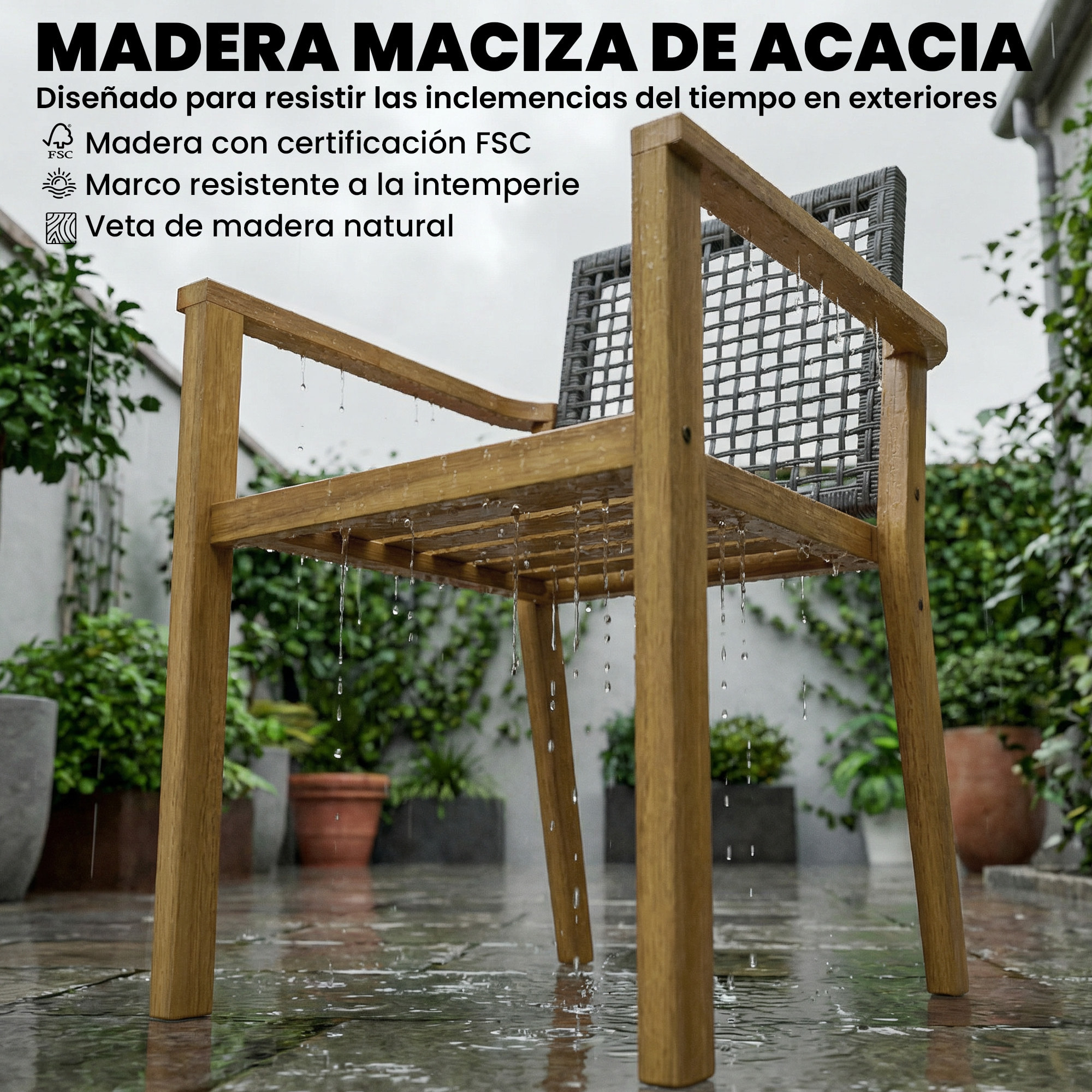 Juego de 2 Sillas de Jardín Exterior de Madera, Sillas de Jardín Apilables con Cojines Desmontables, Brazos, Respaldo de Ratán PE, Carga 160 kg, para Terraza, 59x55x86 cm, Madera Natural
