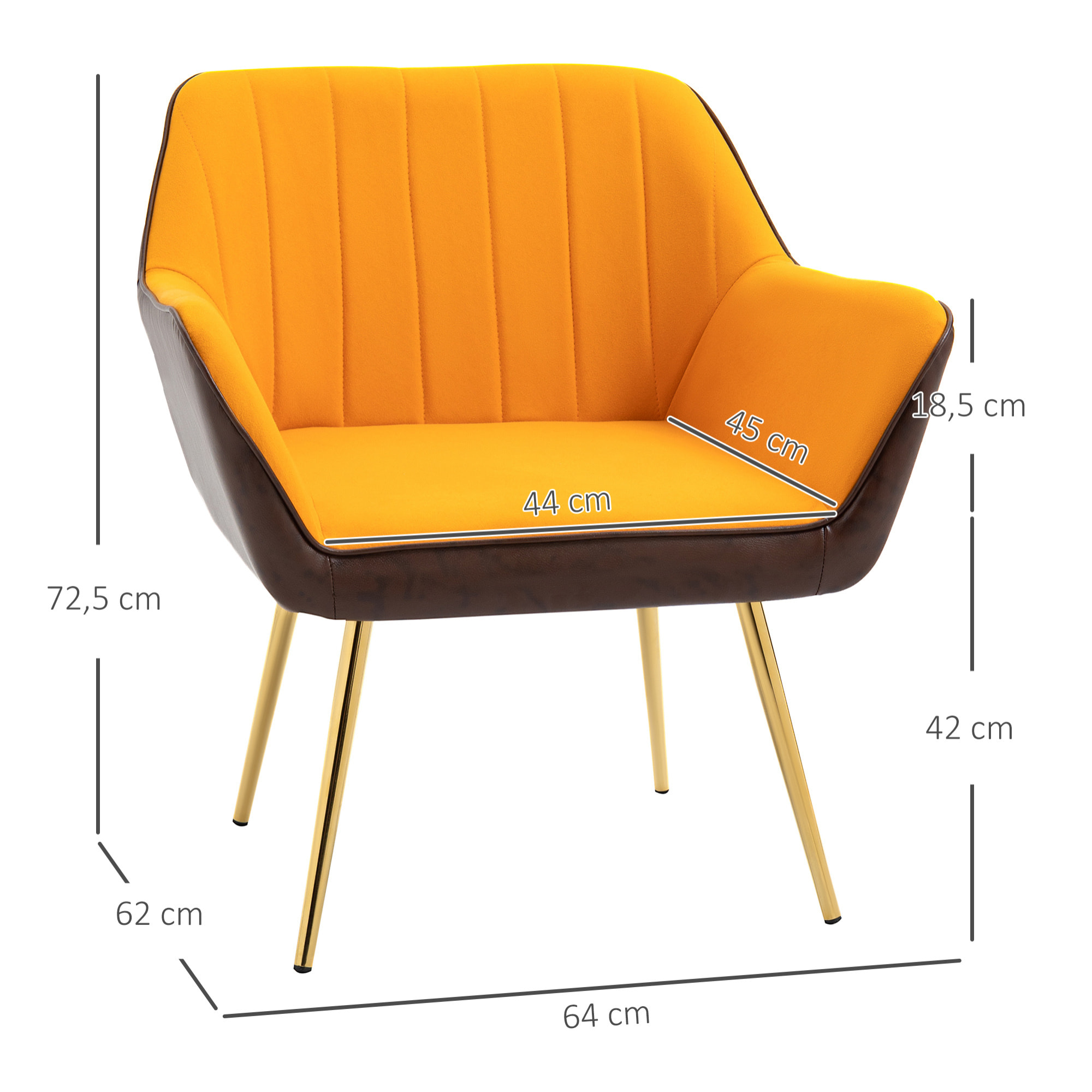 Butaca de Salón Sillón de Salón Tapizado en Cuero Sintético y Terciopelo con Reposabrazos Patas Doradas y Marco de Acero Butaca para Dormitorio Sala de Estar Carga 120 kg Amarillo