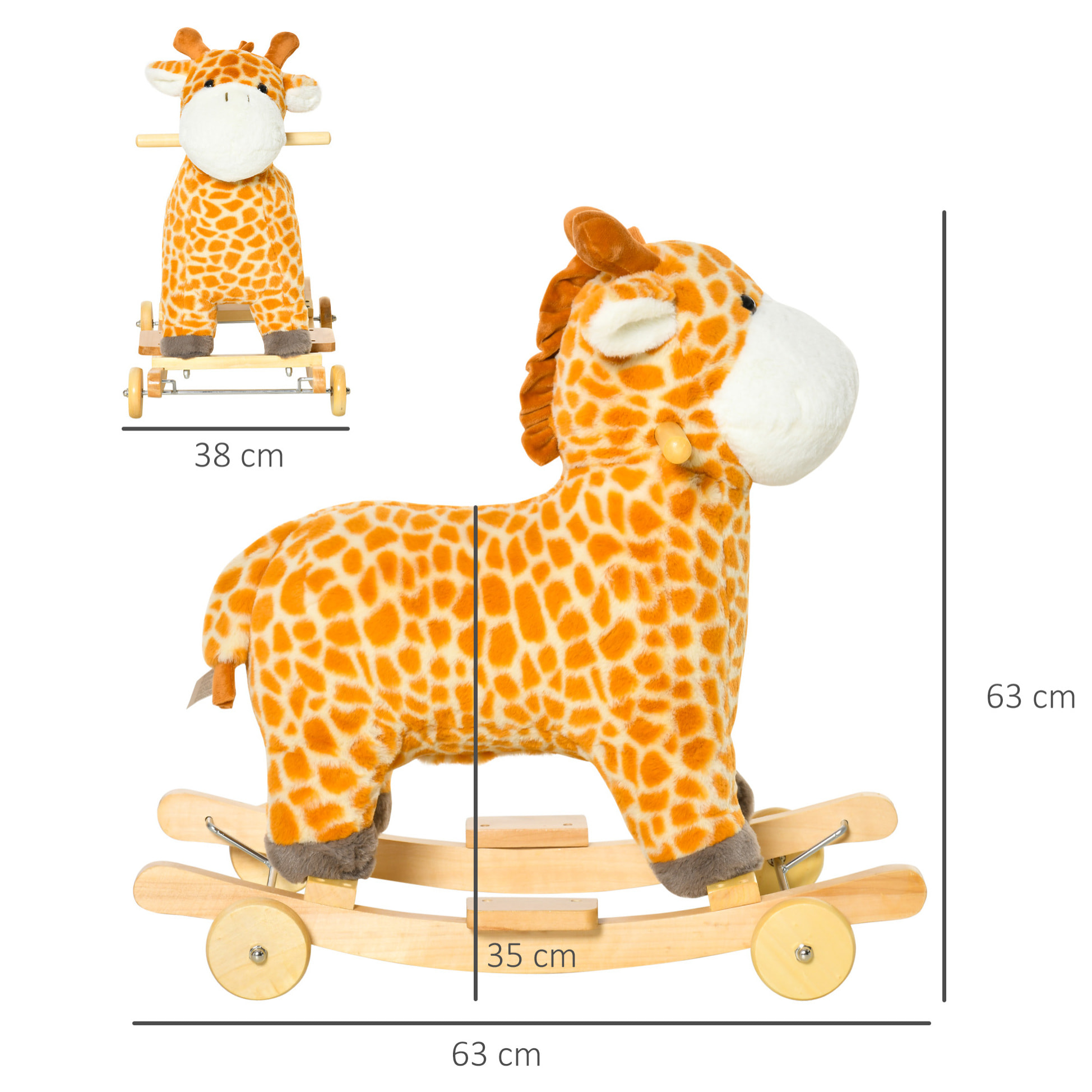 Jouet à bascule girafe et porteur sur roulettes 2 en 1 fonction sonore mugissement  bois peuplier peluche courte polyester tacheté