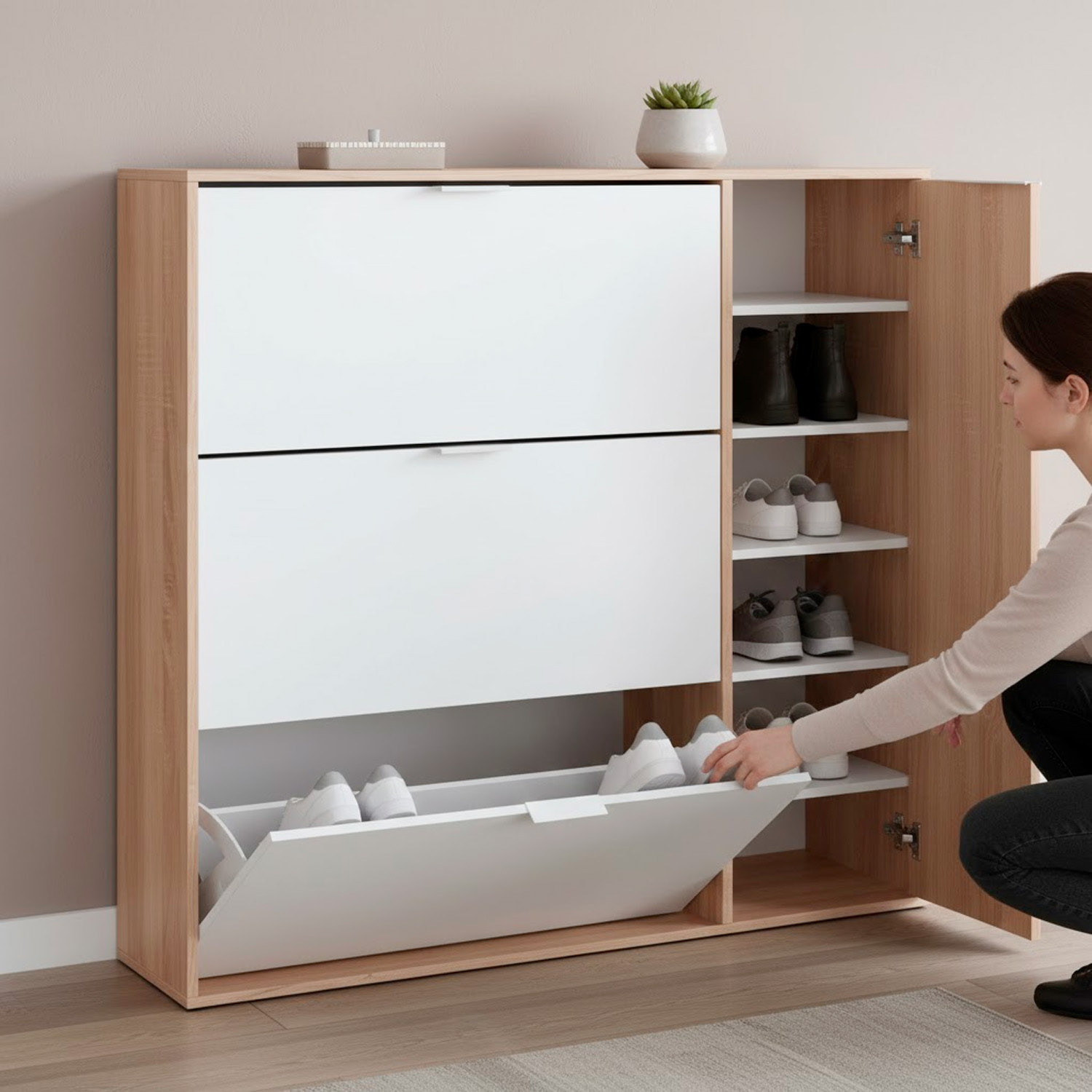 Scarpiera Salvaspazio A 3 Ribalte E 1 Anta Con Ripiani Mobile Porta Scarpe Da 30 Paia Per Ingresso Corridoio Cameretta 106x115x22 Cm Bianco E Rovere