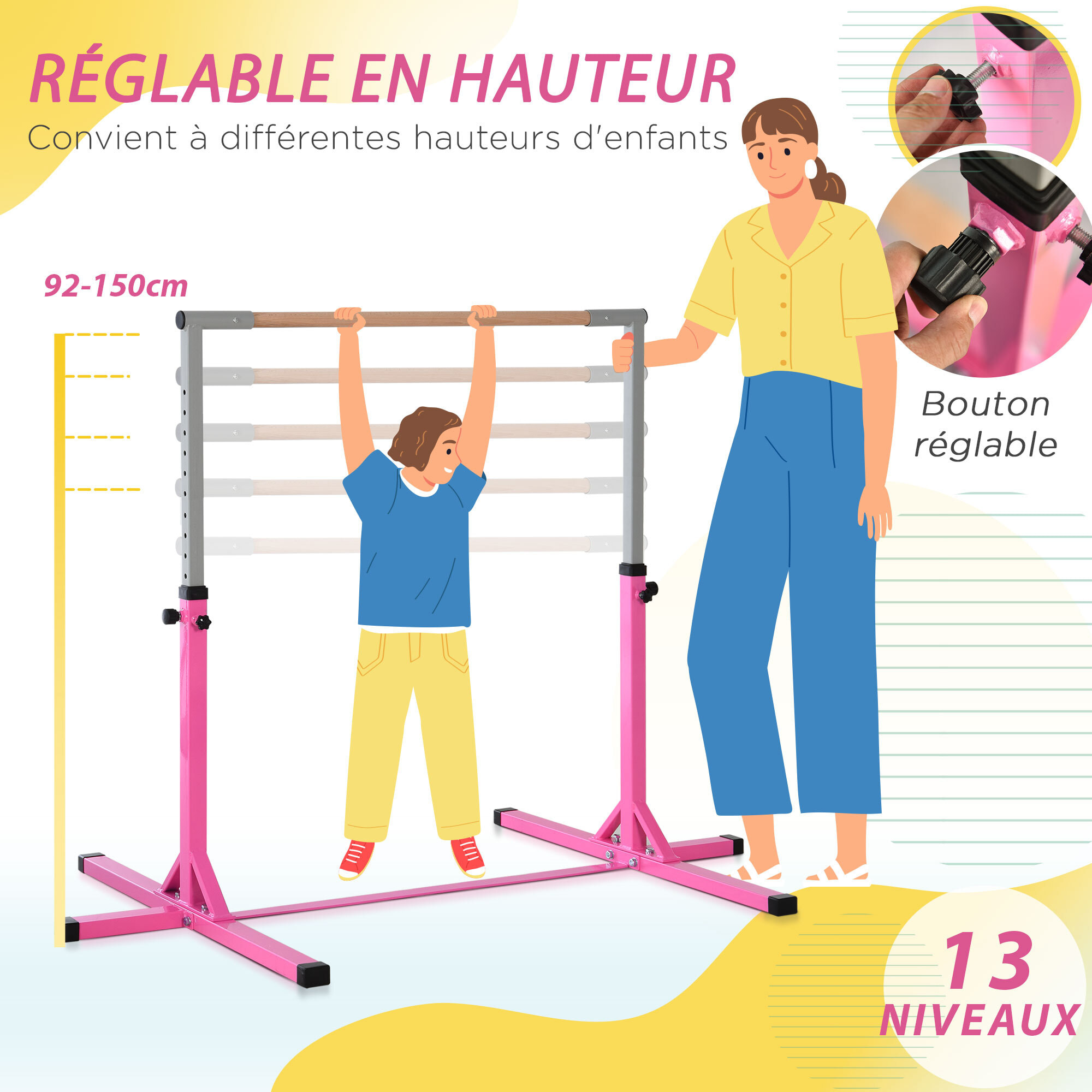 Barre fixe de gymnastique enfant hauteur réglable 13 niveaux acier hêtre