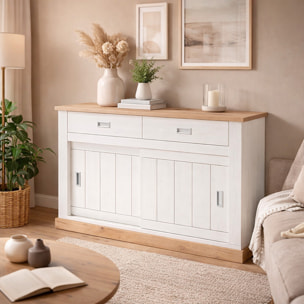 Madia Credenza Mobile Soggiorno Con 2 Cassetti E 2 Ante Scorrevoli 4 Ripiani Interni Design Minimal Shabby 150 x 50 x 95.5 Cm Colore Bianco E Rovere