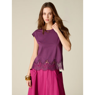 Oltre - T-shirt con inserto in pizzo - Viola