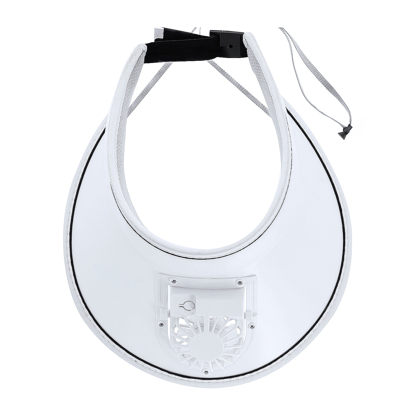 Visiera con ventilatore orientabile a 3 velocità e protezione solare UPF50+. Include batteria ricaricabile da 150 mAh, regolazione imbottita ed elastica.