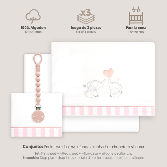 Triptico Cuna Parejita Elefante + Broche Bco/Rosa